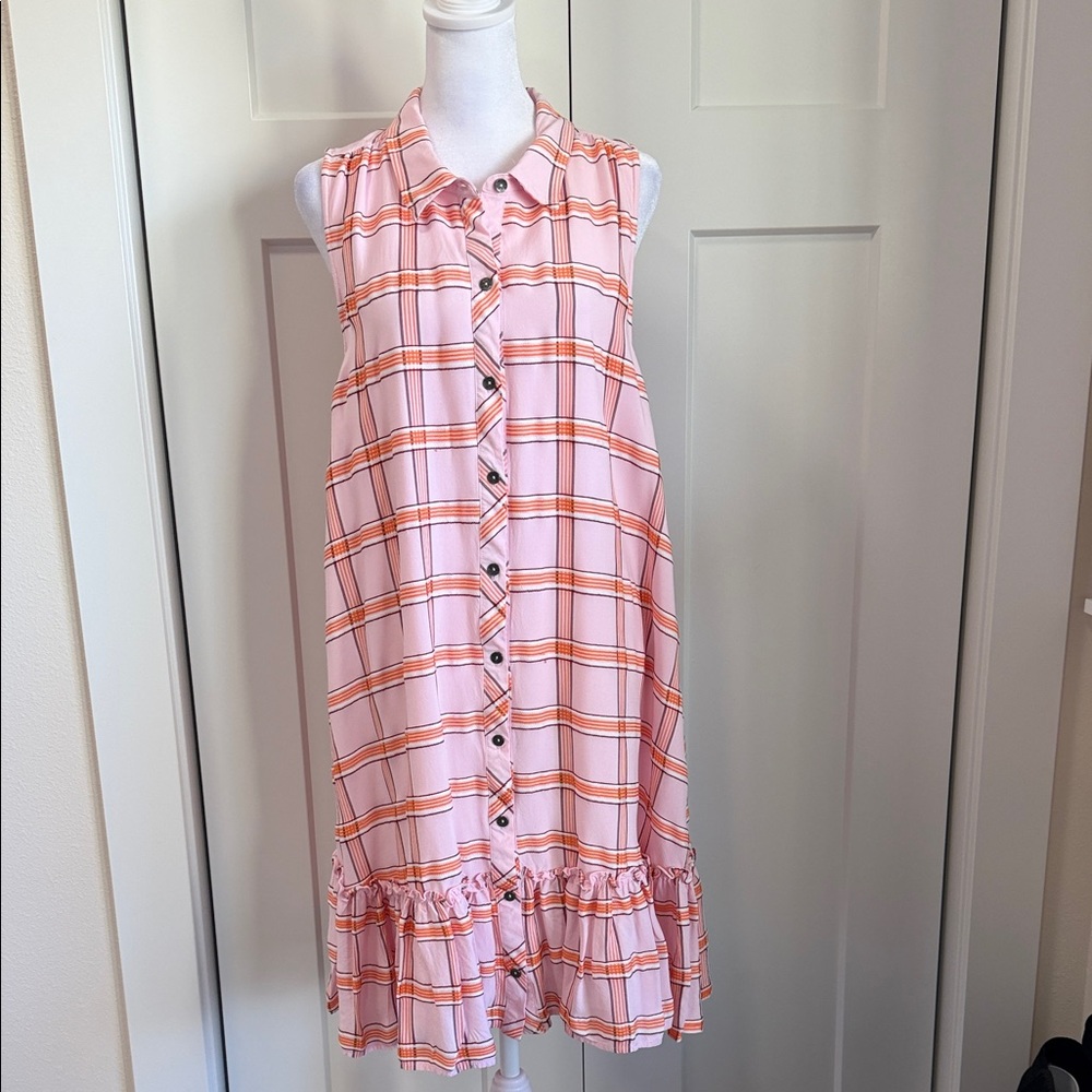 Sleeveless Pink Plaid Dress with Ruffle Hem